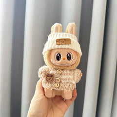 White Folded-Brim Bear Hat + Striped Button Brown Sweater