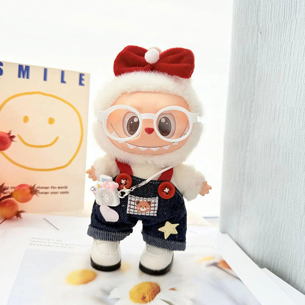 White Frame Glasses + Kd White Camera + Checkered Bear Denim Overalls + White Square-Toe Shoes