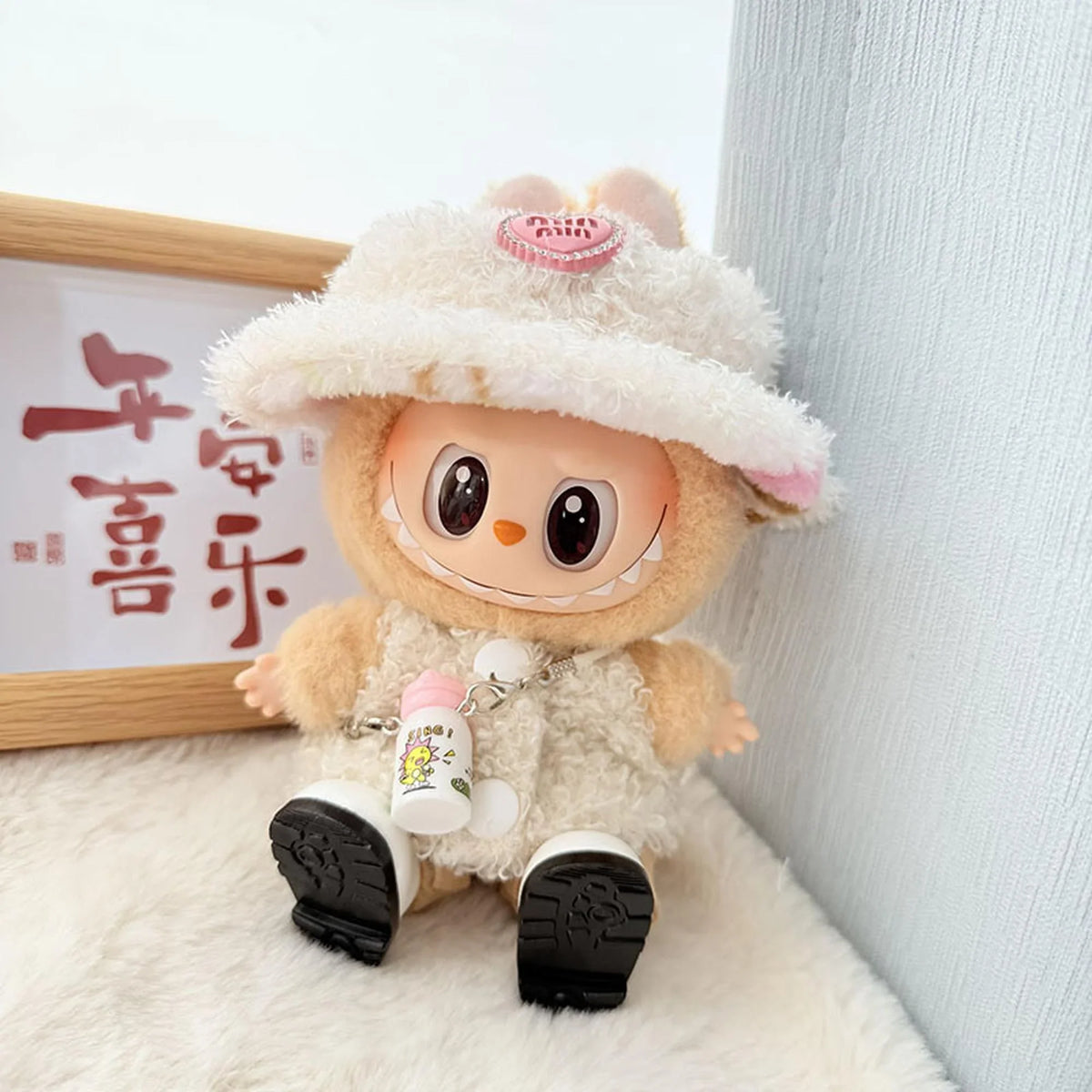 White Kettle + White Square-Toe Shoes + Pink Diamond Hat + White Double-Buckle Loop Sweater Two-Piece Set