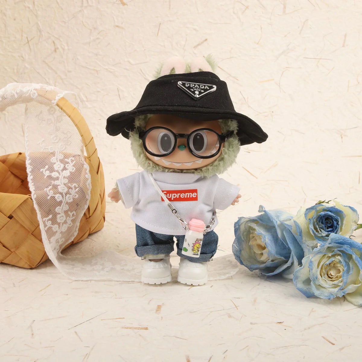 White Kettle + White Super + Blue Jeans + Black-Frame Glasses + Ppd Hat No Shoes