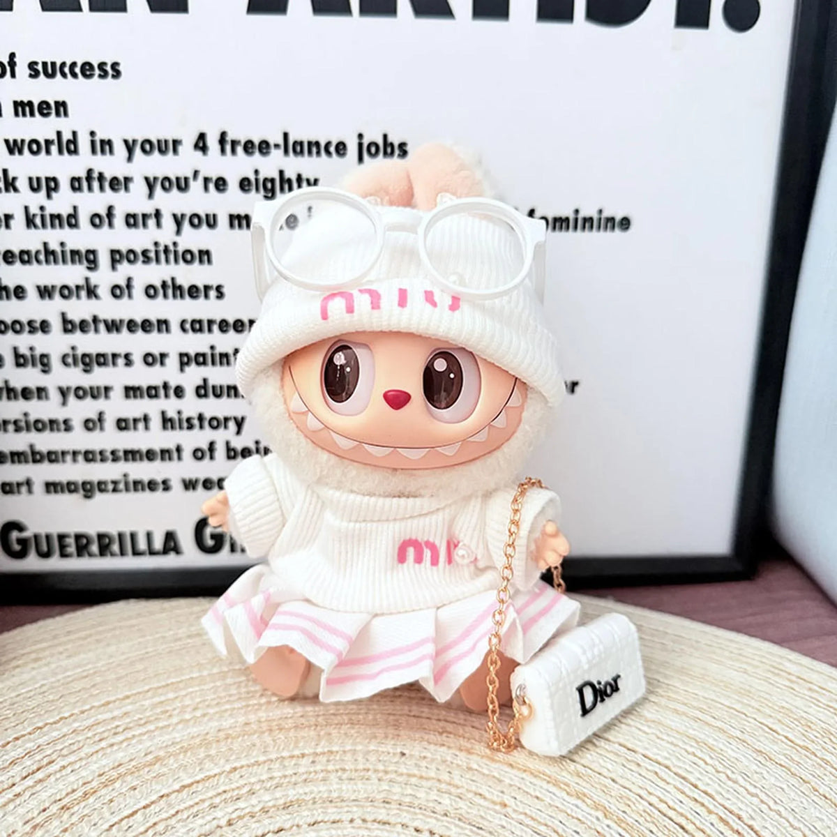 White Pearl Miu Set + Pink Pleated Skirt + White Dior Bag + White Frame Glasses