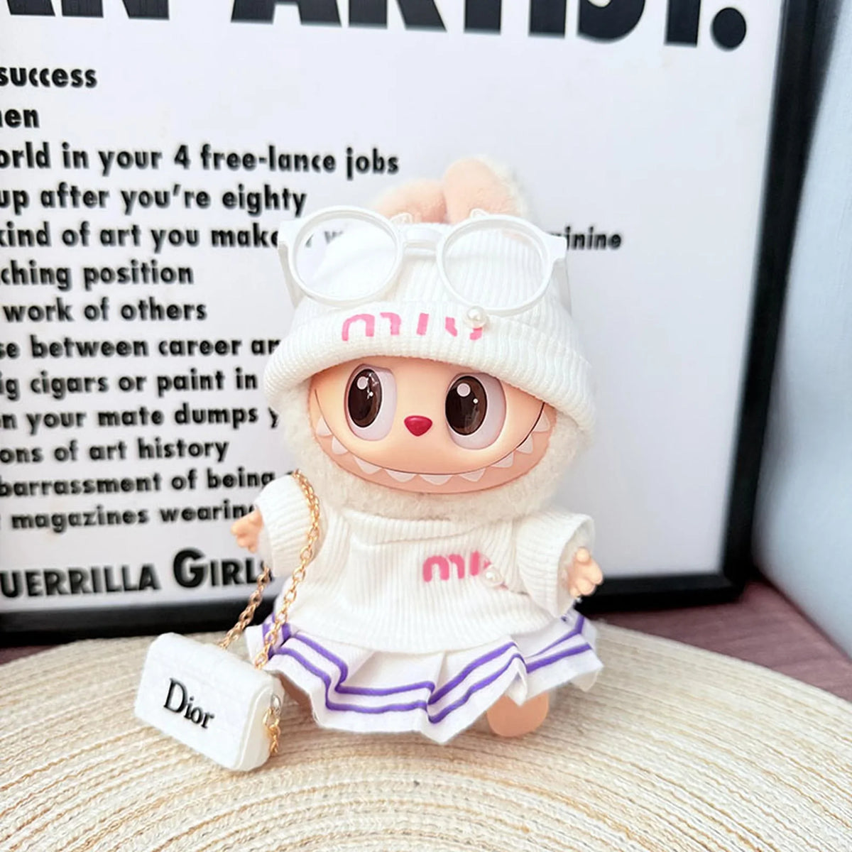 White Pearl Miu Set + Purple Striped Skirt + White Dior Bag + White Frame Glasses