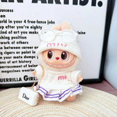 White Pearl Miu Set + Purple Striped Skirt + White Dior Bag + White Frame Glasses