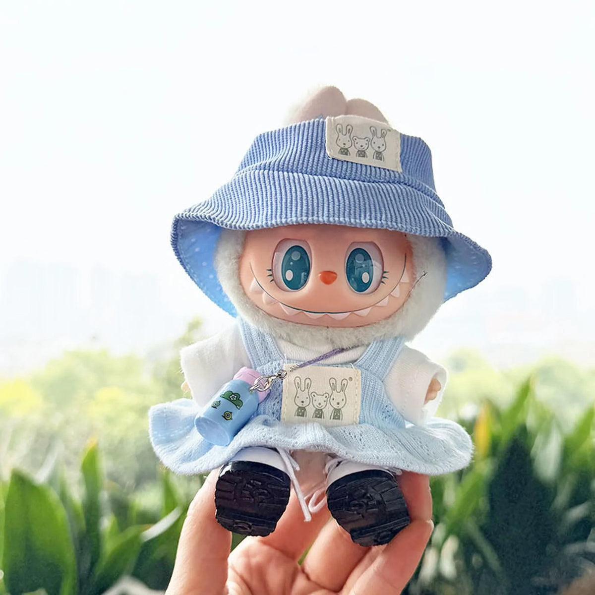 White Square-Toe Shoes + Blue Water Bottle + Blue Bunny Hat + Refreshing Blue Jumper Skirt Set