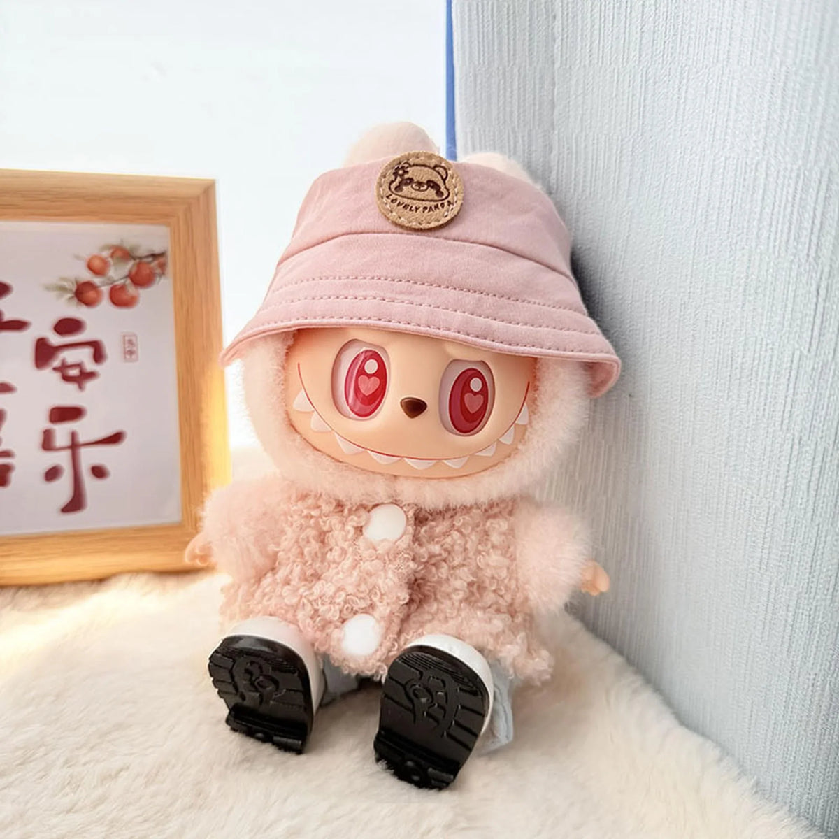 White Square-Toe Shoes + Pink Panda Logo Bucket Hat + Pink Double-Buckle Loop Sweater