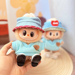 White Square-Toe Shoes + Red-Trimmed Denim Hat + Sky Blue Bear Brand Sweater