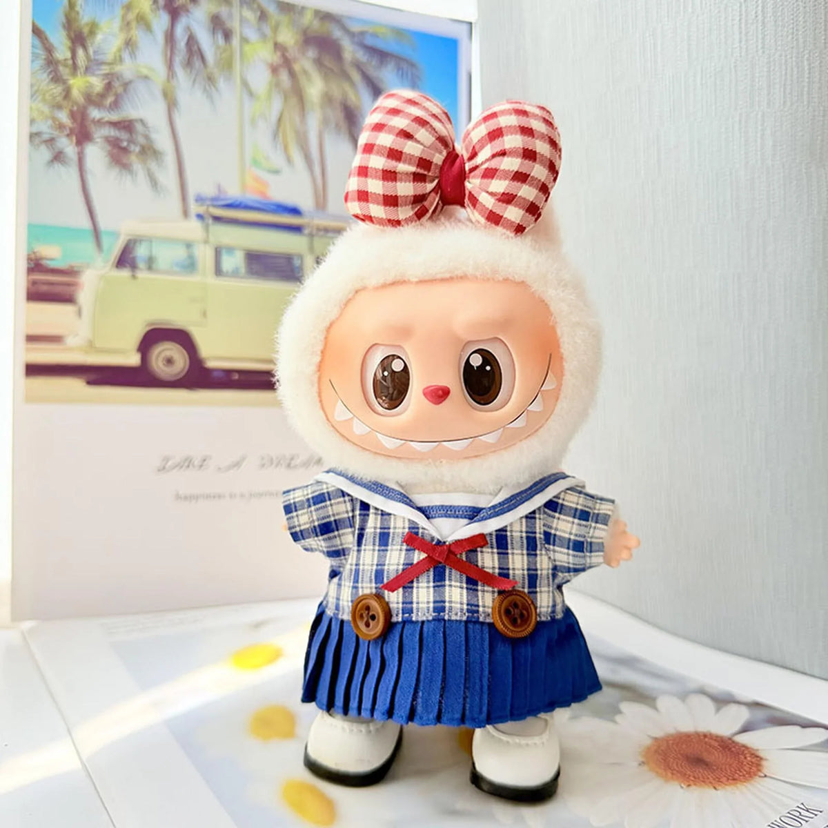 White Square-Toe Shoes + Red & White Checkered Hair Clip + Sweetheart Sailor Dress