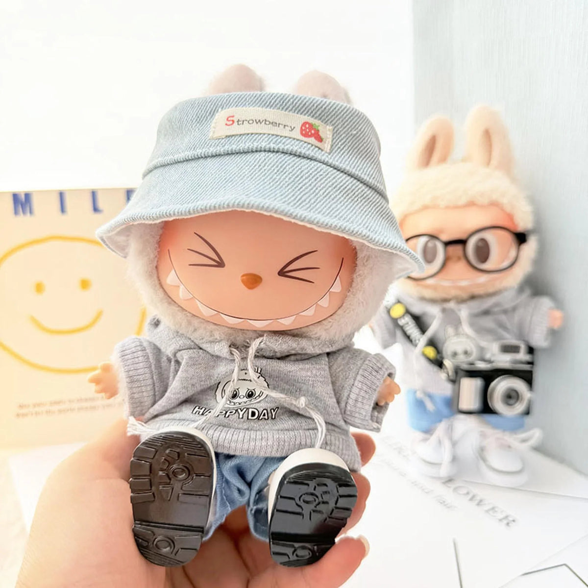 White Square-Toe Shoes + Strawberry Denim Hat + Gray Hoodie Bubu Two-Piece Set