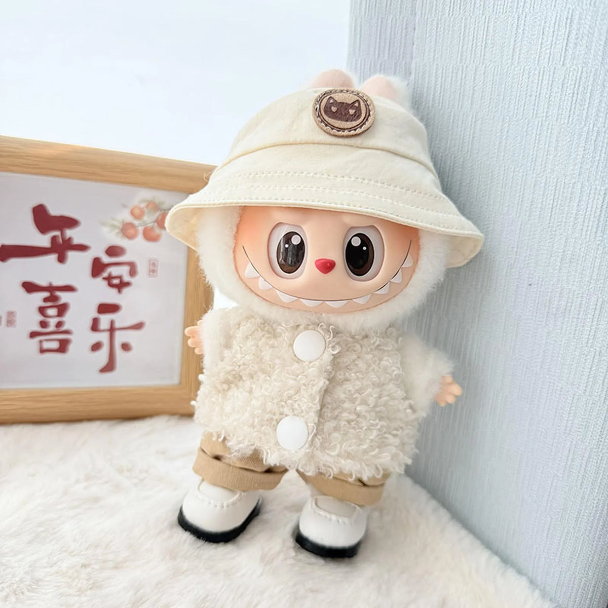 White Square-Toe Shoes + White Cat Logo Bucket Hat + White Double-Buckle Loop Sweater