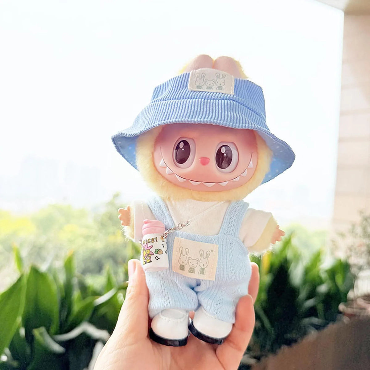 White Square-Toe Shoes + White Water Bottle + Blue Bunny Hat + Refreshing Blue Overalls Set