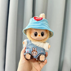 White Tee + Denim Overalls With Ruffled Hem + Blue Heart Hat