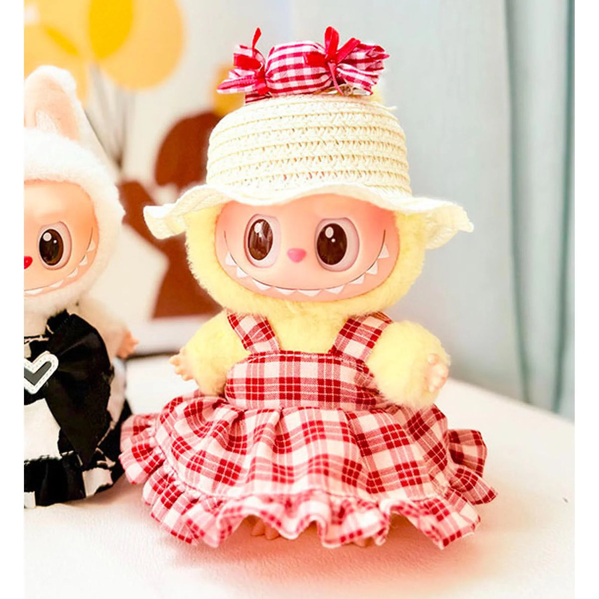 White Wave Straw Hat + Red Plaid Candy Skirt With Charms
