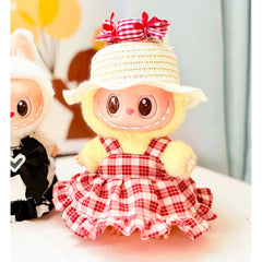 White Wave Straw Hat + Red Plaid Candy Skirt With Charms