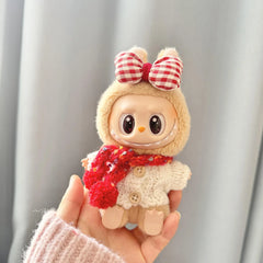 White Wooden Button Sweater + Red Polka Dot Scarf + Red Plaid Bow