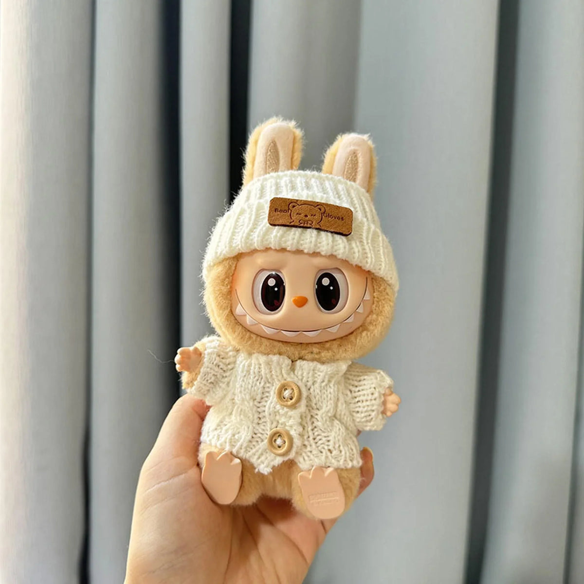 White Wooden Button Sweater + White Flipped Brim Bear Logo Hat