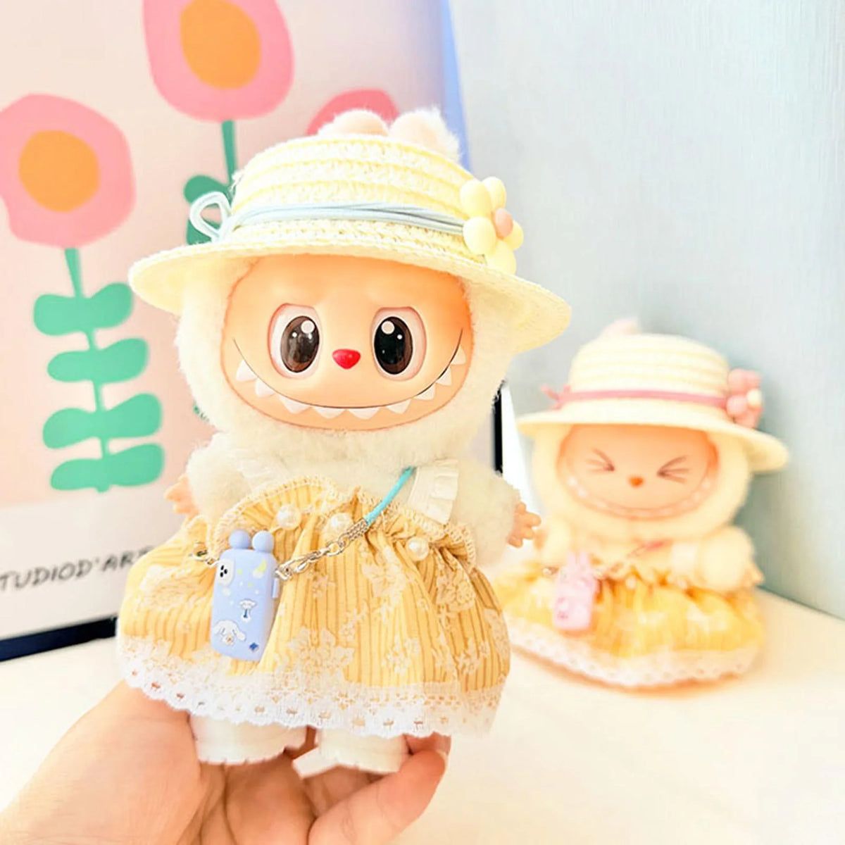Yellow Flat Cap + Blue Phone Bag + Kd White Leather Shoes + Yellow Lace Petal Skirt