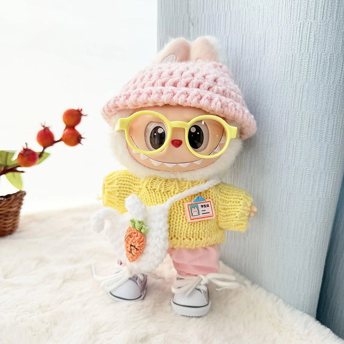 Yellow-Frame Glasses + Purple Canvas Shoes + Light Pink Pants + Japanese-Style Handmade Pink & Yellow Three-Piece Set