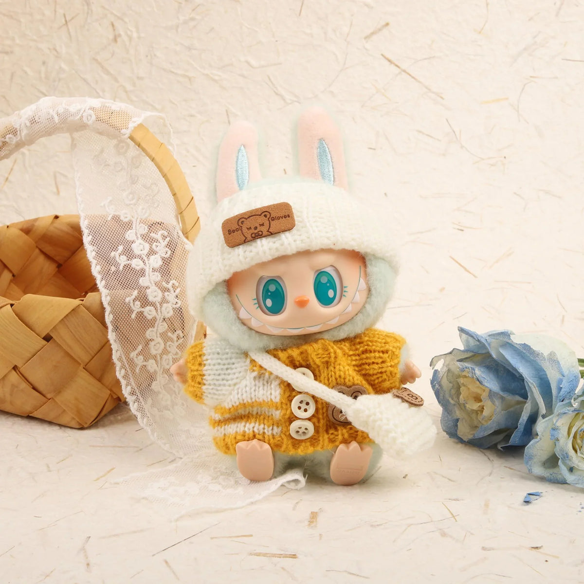 Yellow Striped Button Sweater + White Turn-Up Hat + White Thread Bag